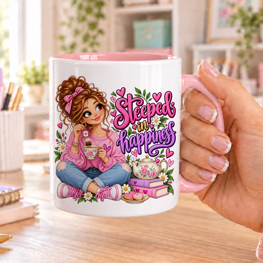 Steeped in Happiness design – white ceramic mug with pink handle and pink inside
