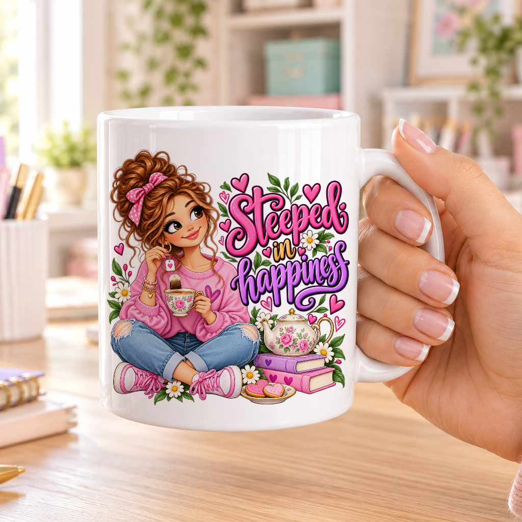 Steeped in Happiness design – plain white ceramic mug
