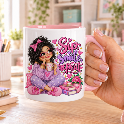 Sip Smile Repeat design – white ceramic mug with pink handle and pink inside