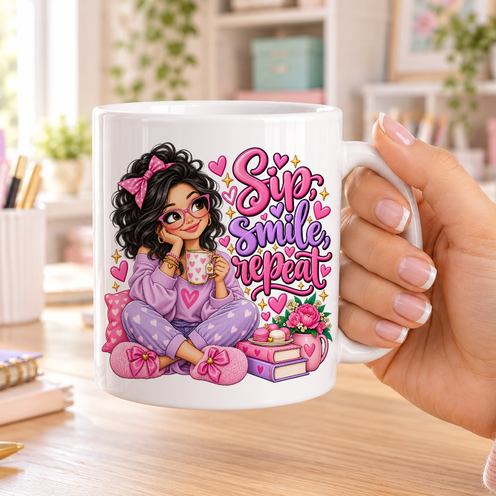 Sip Smile Repeat design – plain white ceramic mug