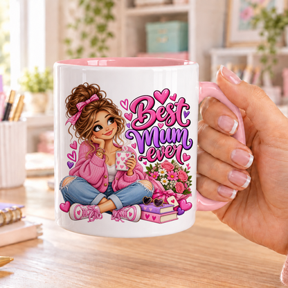 Best Mum Ever design – white ceramic mug with pink handle and pink inside