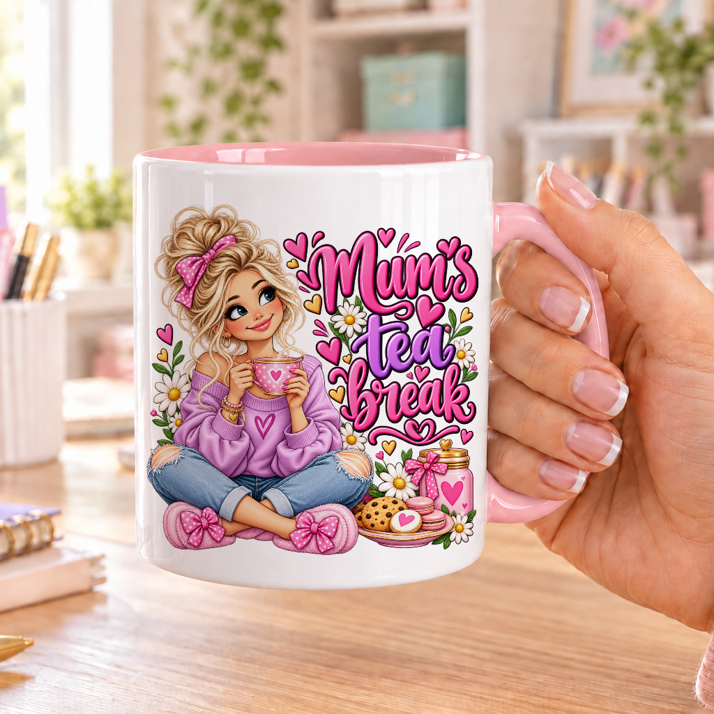 Mum's Tea Break design – white ceramic mug with pink handle and pink inside
