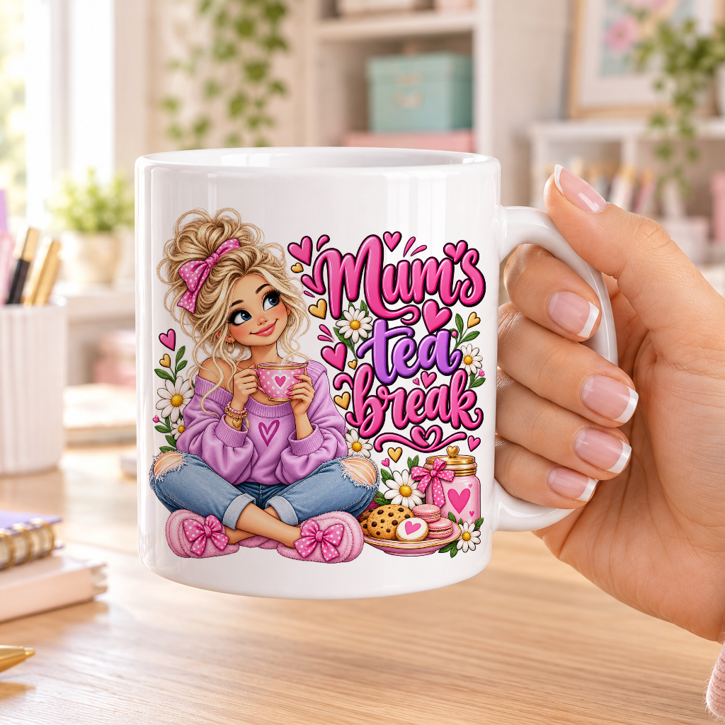 Mum's Tea Break design – plain white ceramic mug