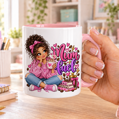 Mum Fuel design – white ceramic mug with pink handle and pink inside