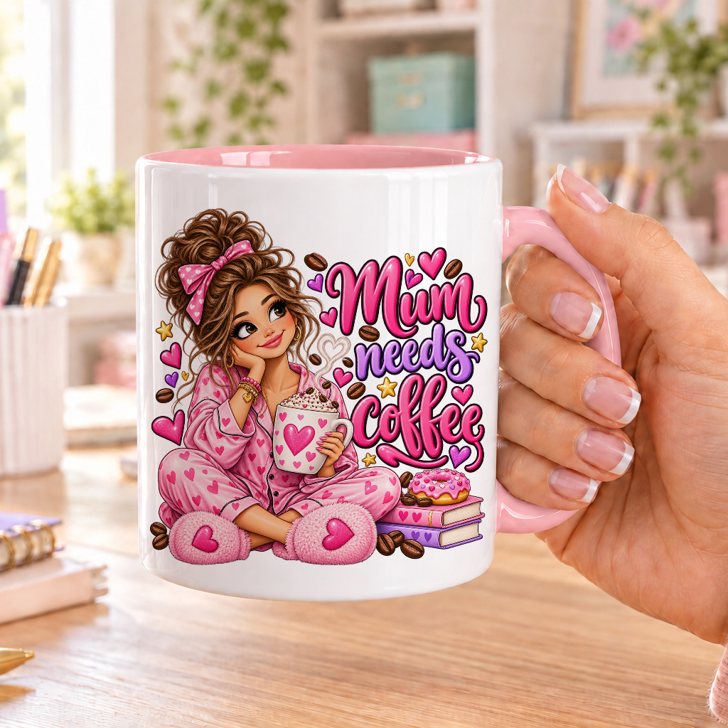 Mum Needs Coffee design – white ceramic mug with pink handle and pink inside