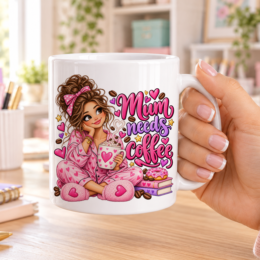Mum Needs Coffee design – plain white ceramic mug