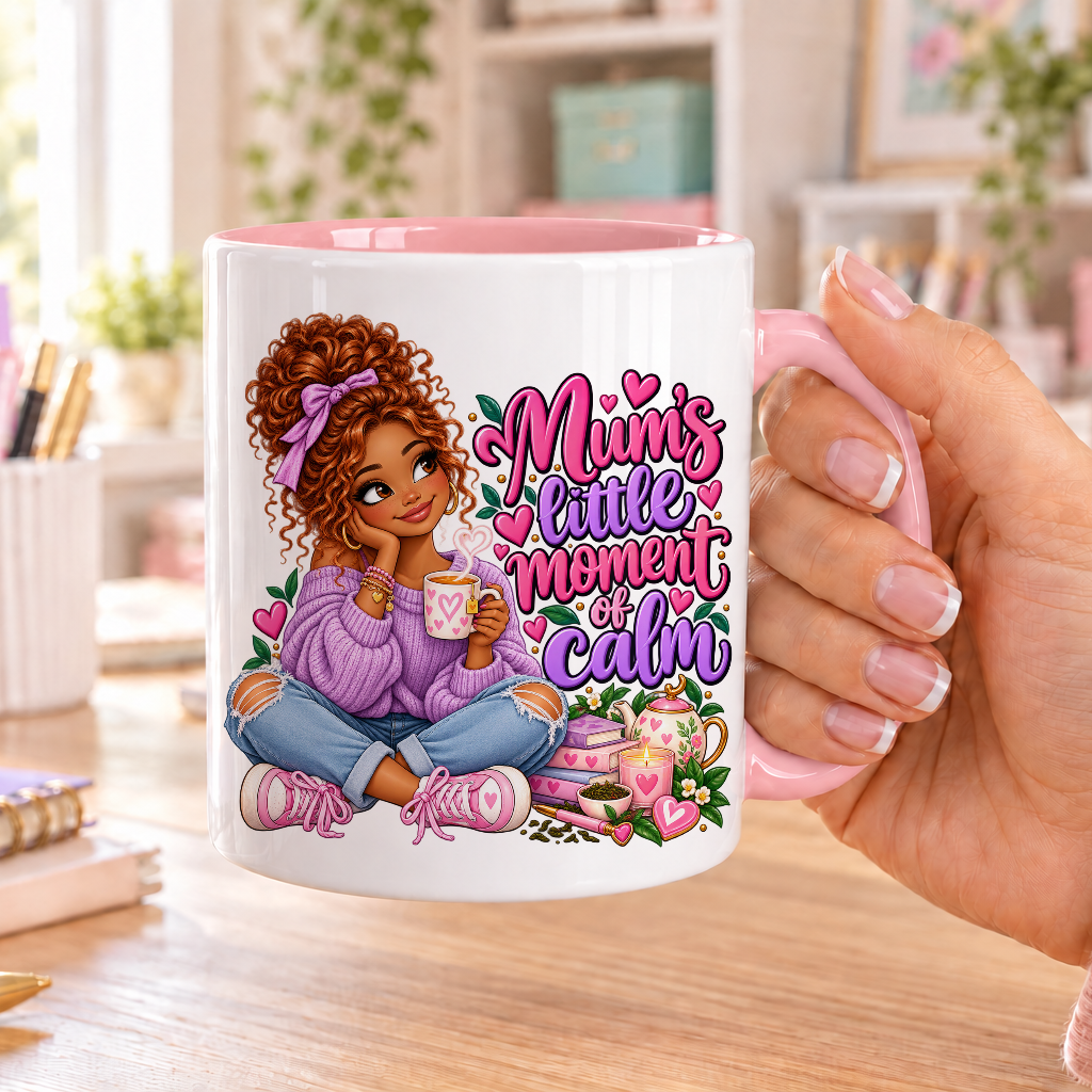 Mum's Little Moment of Calm design – white ceramic mug with pink handle and pink inside
