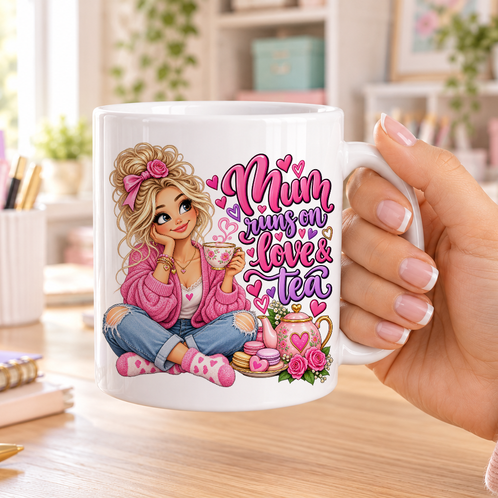 Mum Runs on Love and Tea design – plain white ceramic mug