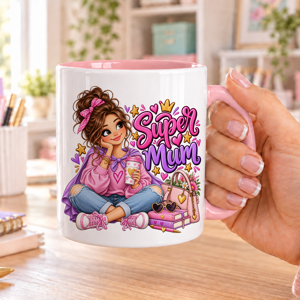 Super Mum design – white ceramic mug with pink handle and pink inside