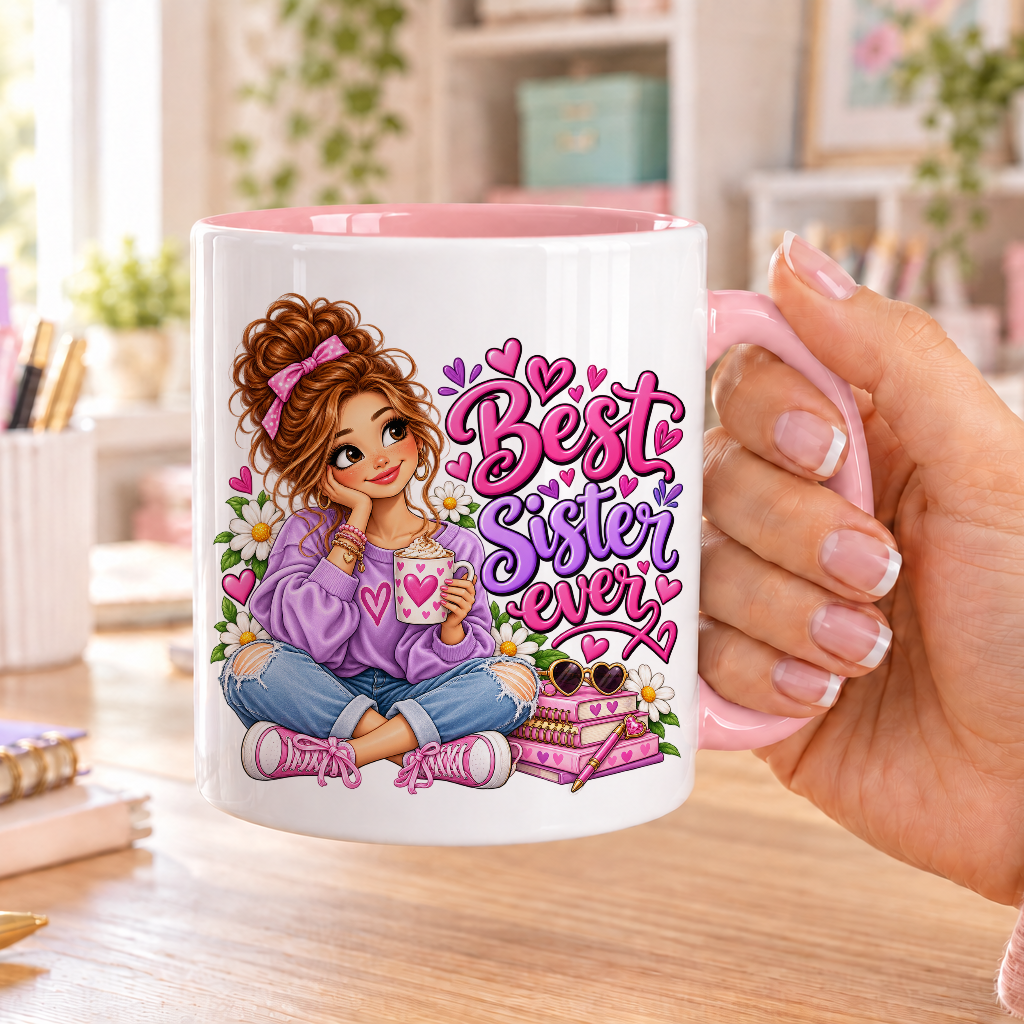 Best Sister Ever design – white ceramic mug with pink handle and pink inside