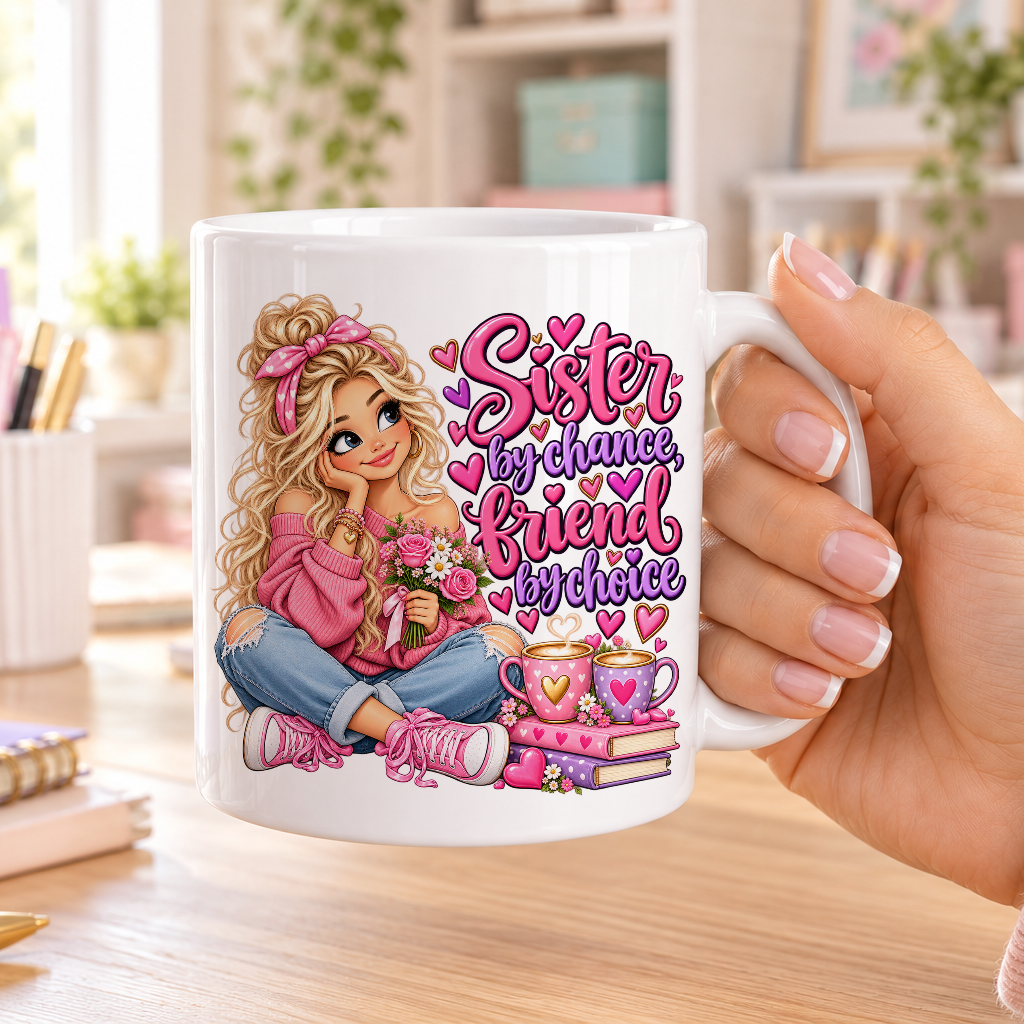Sister by Chance Friend by Choice design – plain white ceramic mug