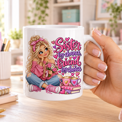 Sister by Chance Friend by Choice design – plain white ceramic mug