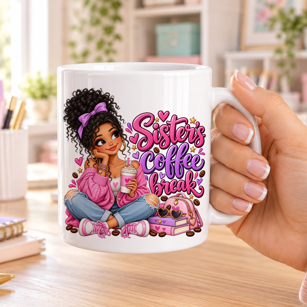 Sister's Coffee Break design – plain white ceramic mug