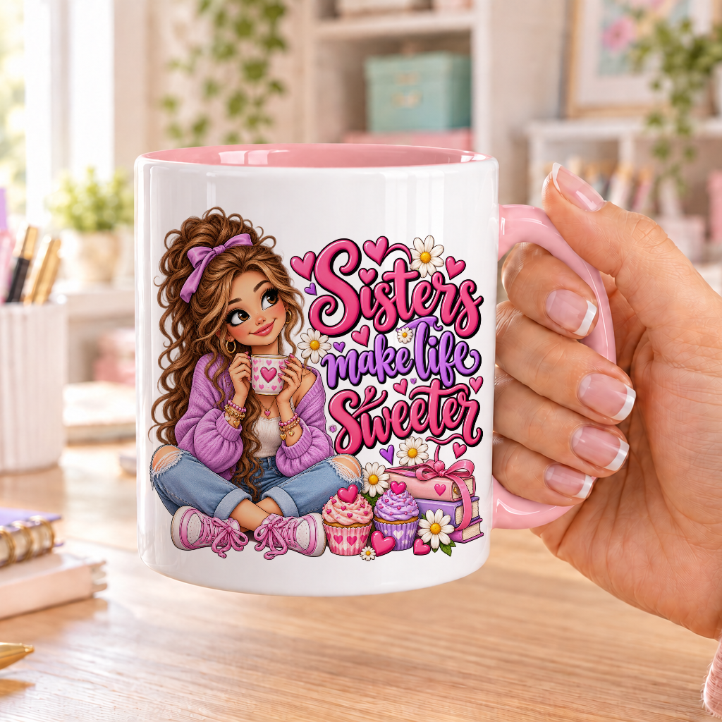 Sisters Make Life Sweeter design – white ceramic mug with pink handle and pink inside