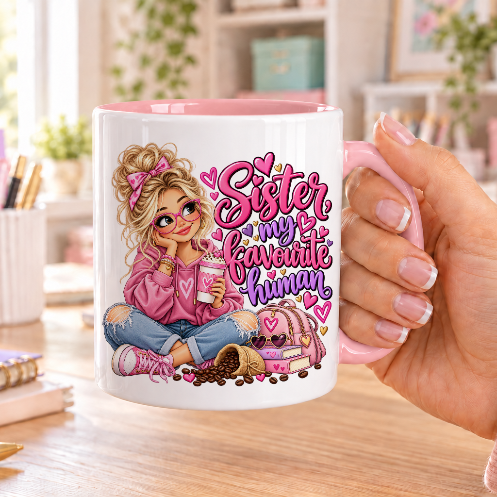Sister my Favourite Human design – white ceramic mug with pink handle and pink inside
