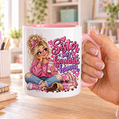 Sister my Favourite Human design – white ceramic mug with pink handle and pink inside