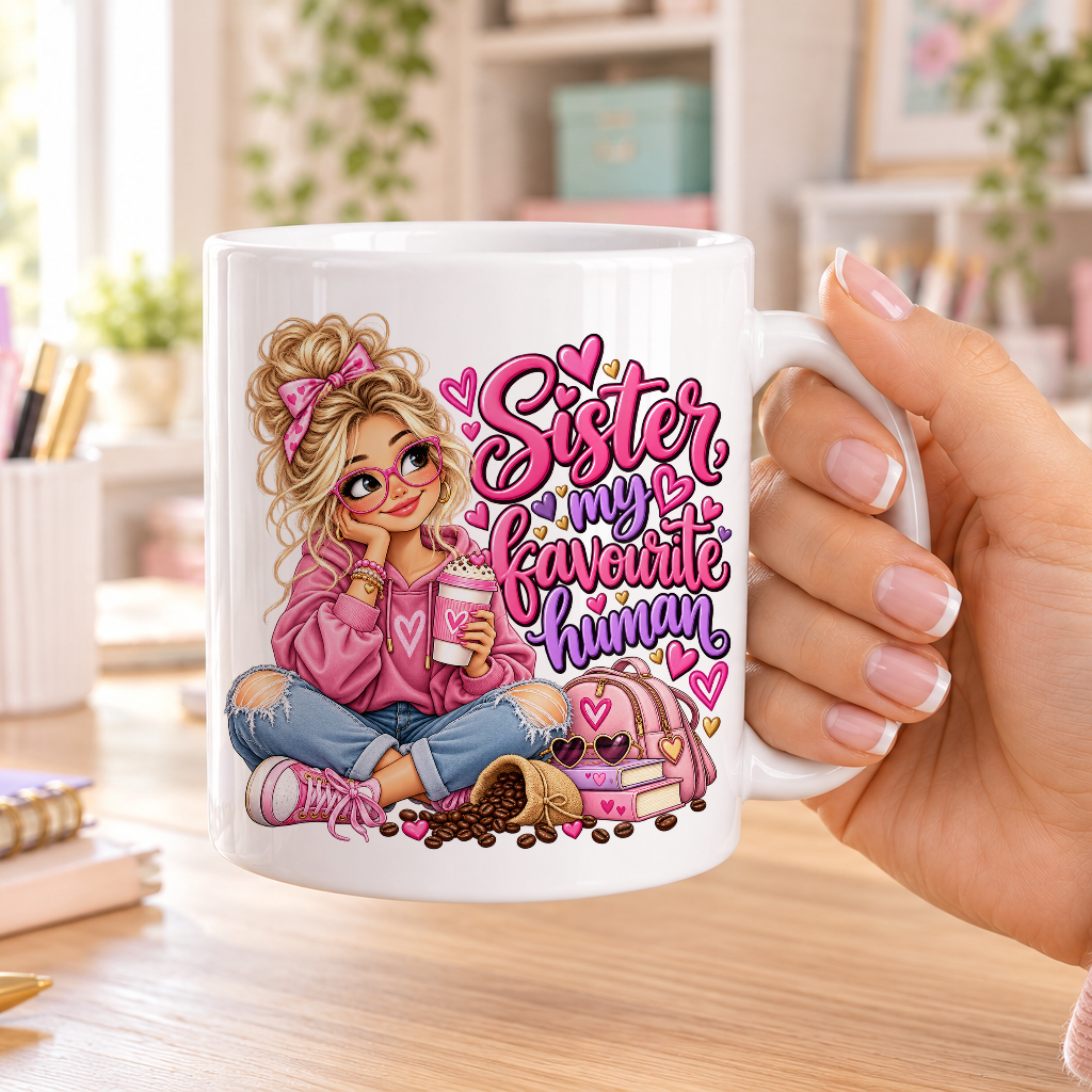 Sister my Favourite Human design – plain white ceramic mug