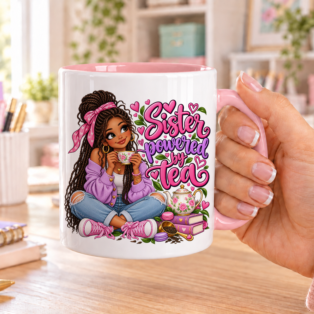 Sister Powered by Tea design – white ceramic mug with pink handle and pink inside