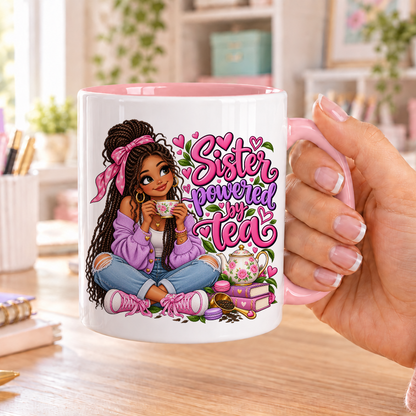 Sister Powered by Tea design – white ceramic mug with pink handle and pink inside