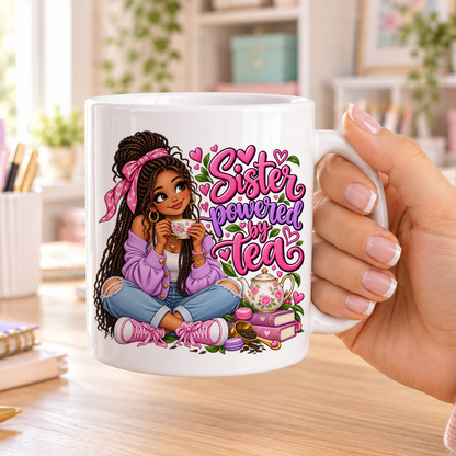 Sister Powered by Tea design – plain white ceramic mug