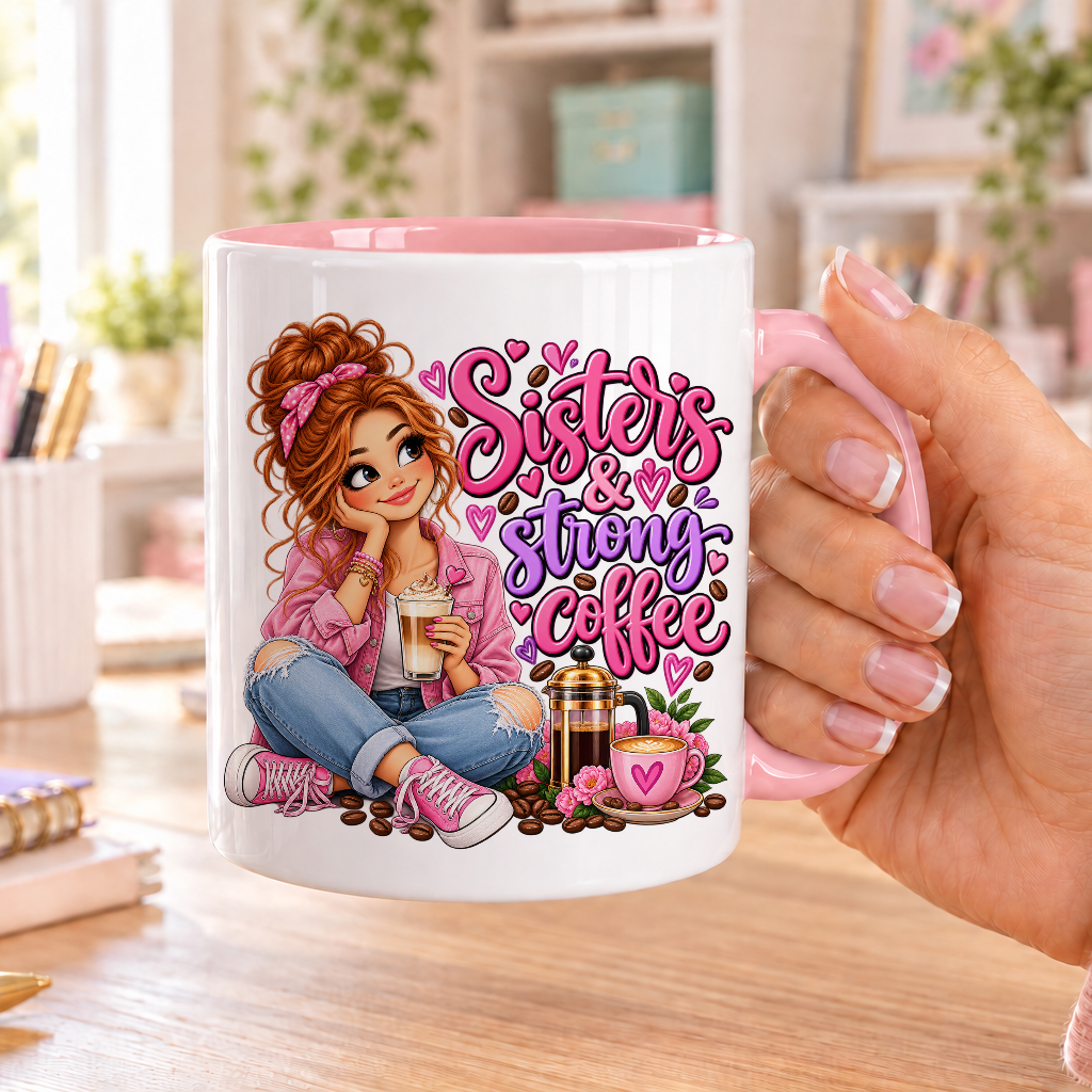 Sisters and Strong Coffee design – white ceramic mug with pink handle and pink inside