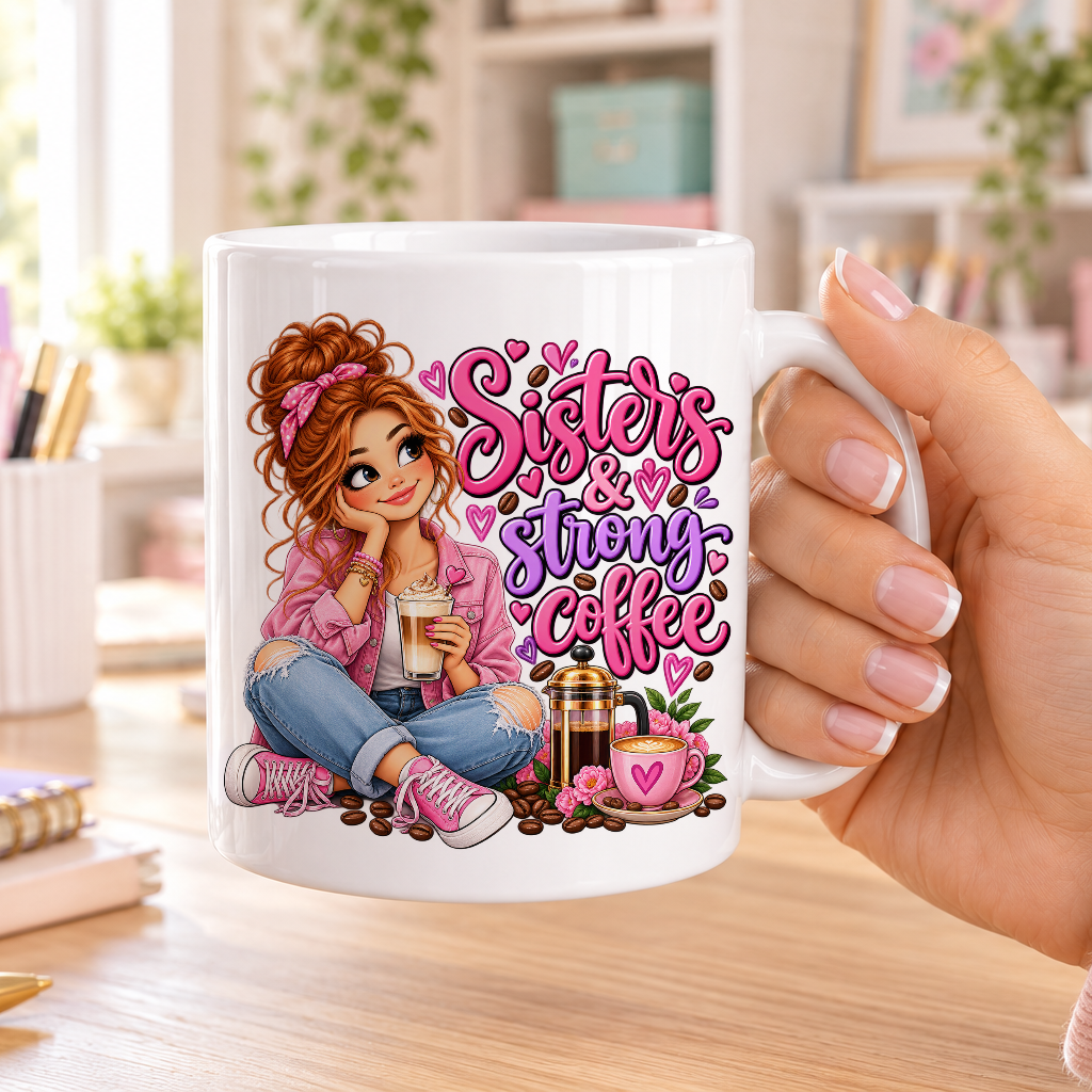 Sisters and Strong Coffee design – plain white ceramic mug