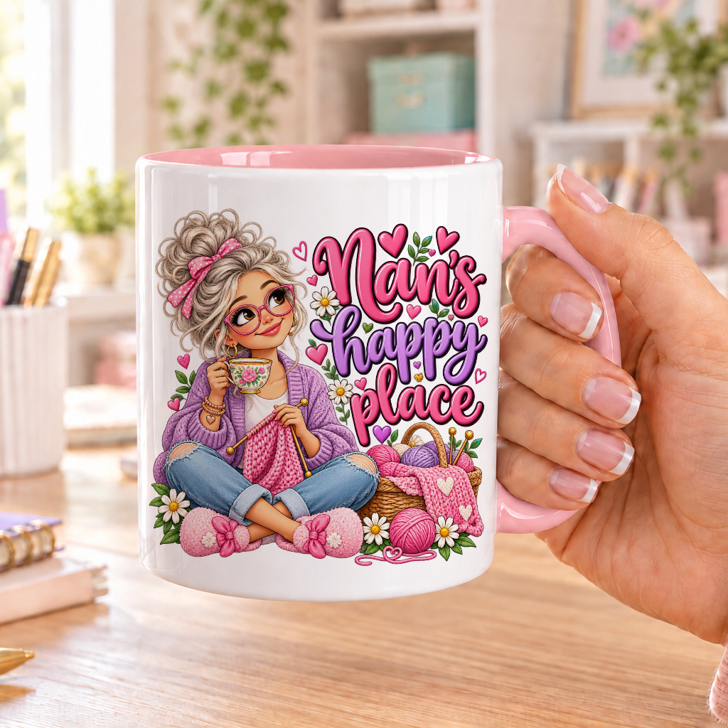 Nan's Happy Place design – white ceramic mug with pink handle and pink inside