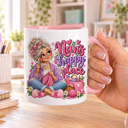 Nan's Happy Place design – white ceramic mug with pink handle and pink inside