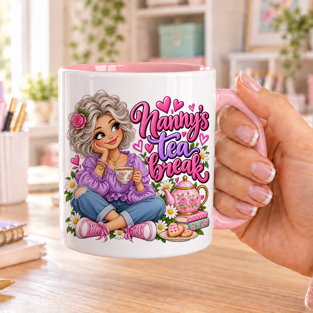 Nanny's Tea Break design – white ceramic mug with pink handle and pink inside