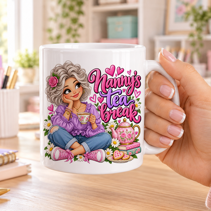 Nanny's Tea Break design – plain white ceramic mug