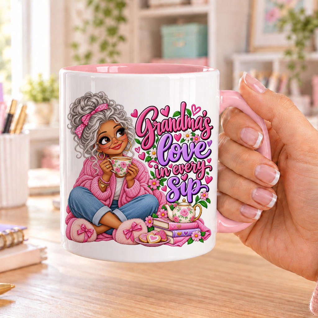 Grandma's Love in Every Sip design – white ceramic mug with pink handle and pink inside