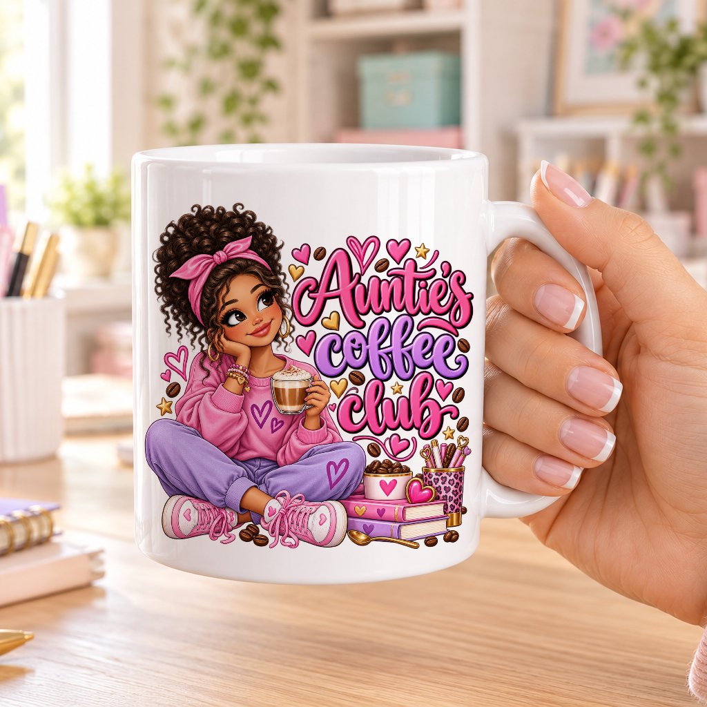 Auntie's Coffee Club design – plain white ceramic mug