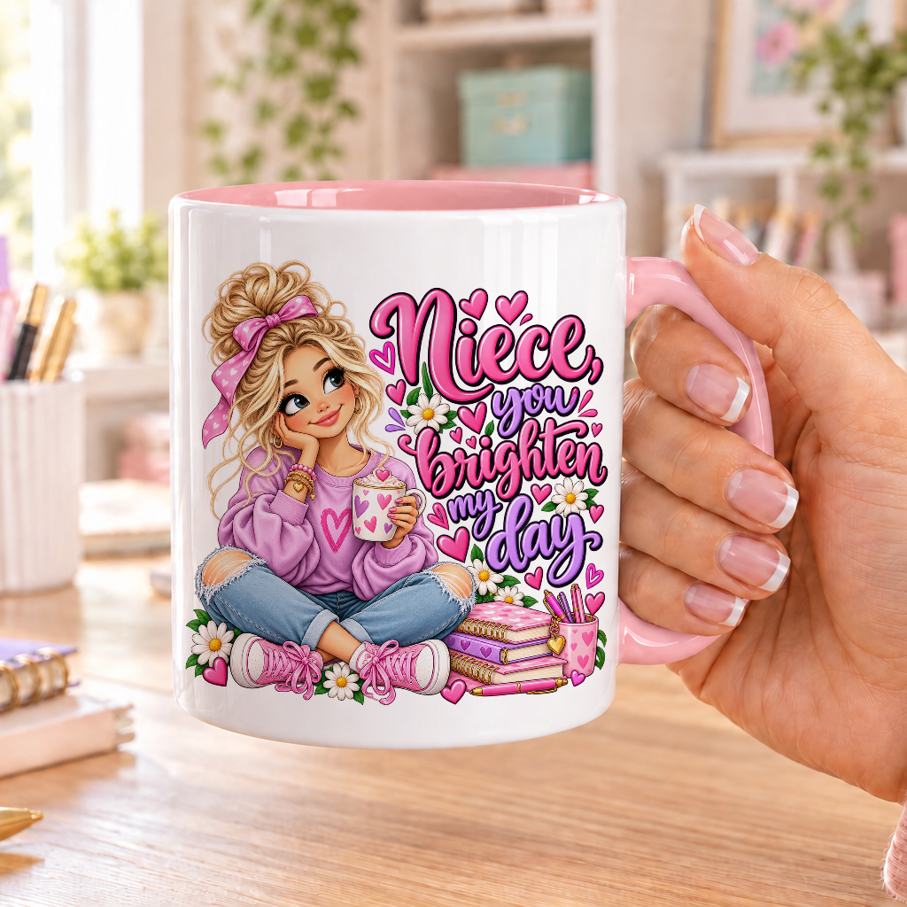 Niece you Brighten my Day design – white ceramic mug with pink handle and pink inside