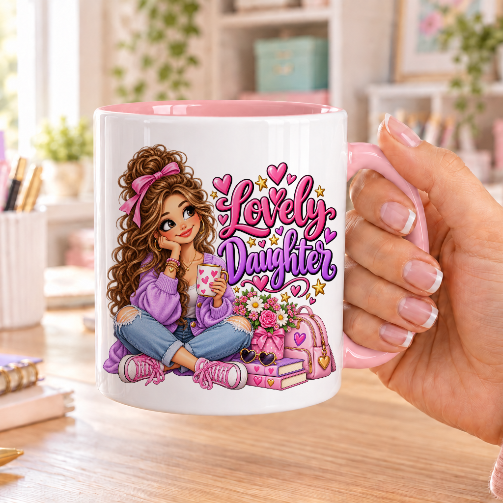 Lovely Daughter design – white ceramic mug with pink handle and pink inside