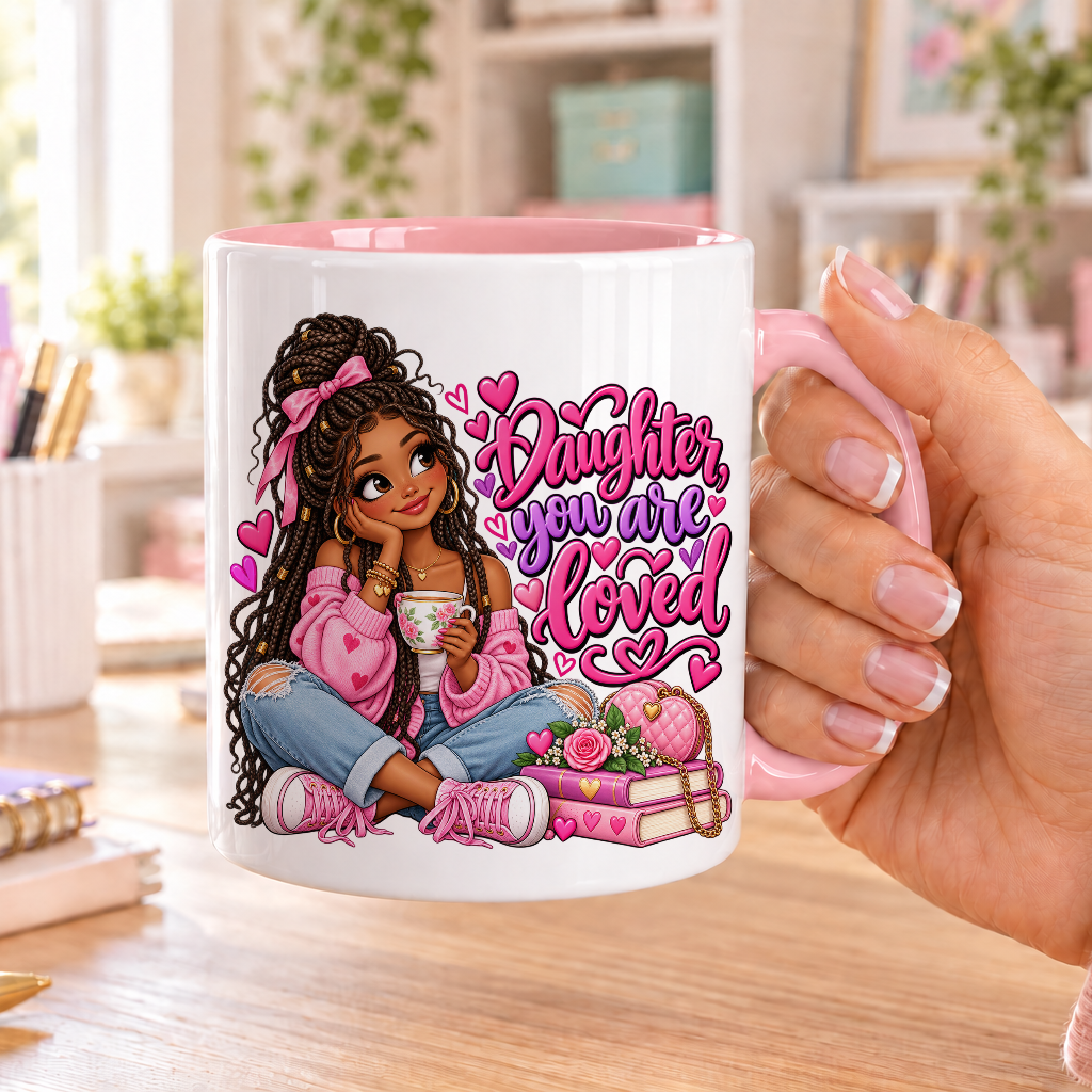 Daughter you are Loved design – white ceramic mug with pink handle and pink inside