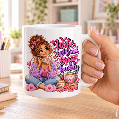 Wife Best Friend Brew Buddy design – plain white ceramic mug