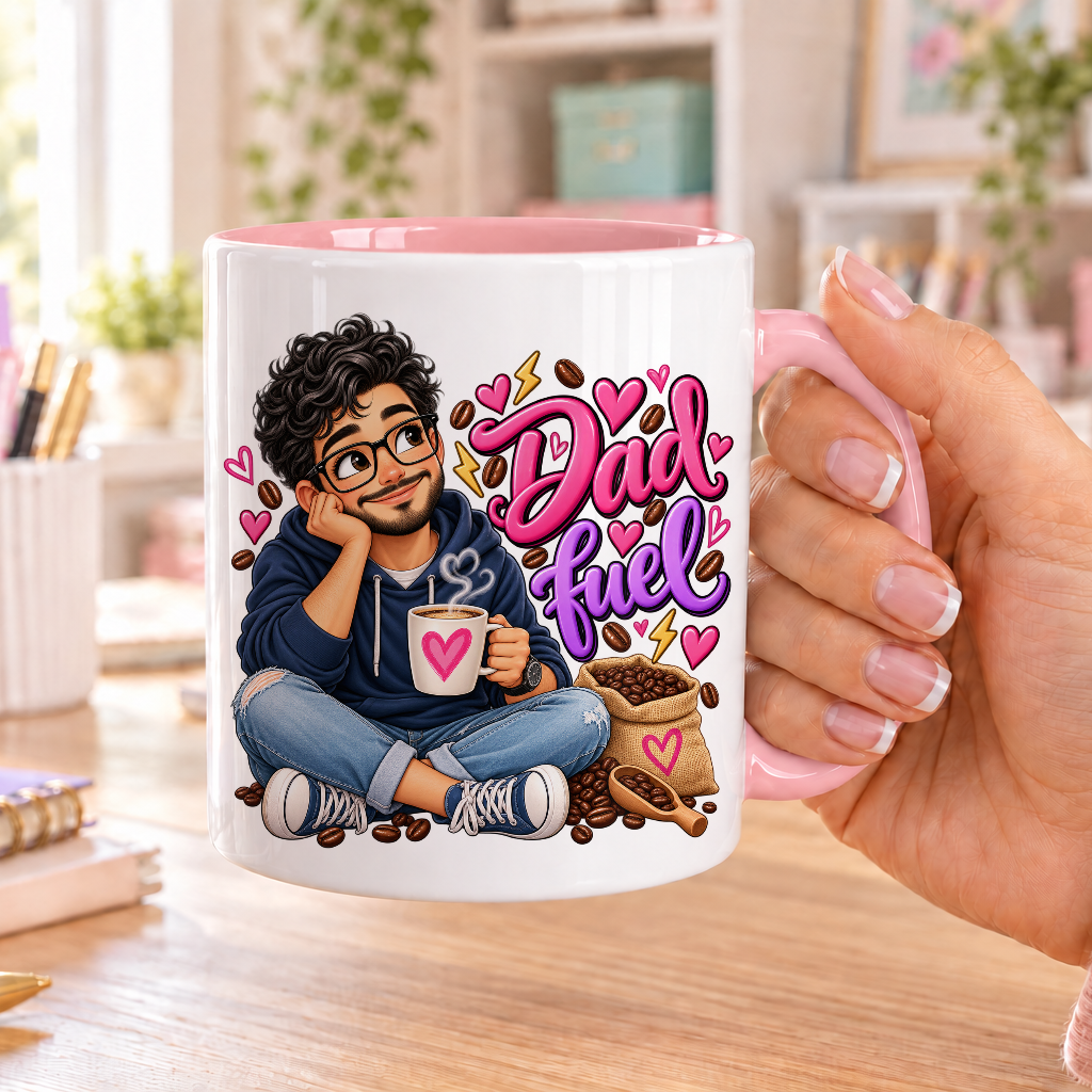 Dad Fuel design – white ceramic mug with pink handle and pink inside