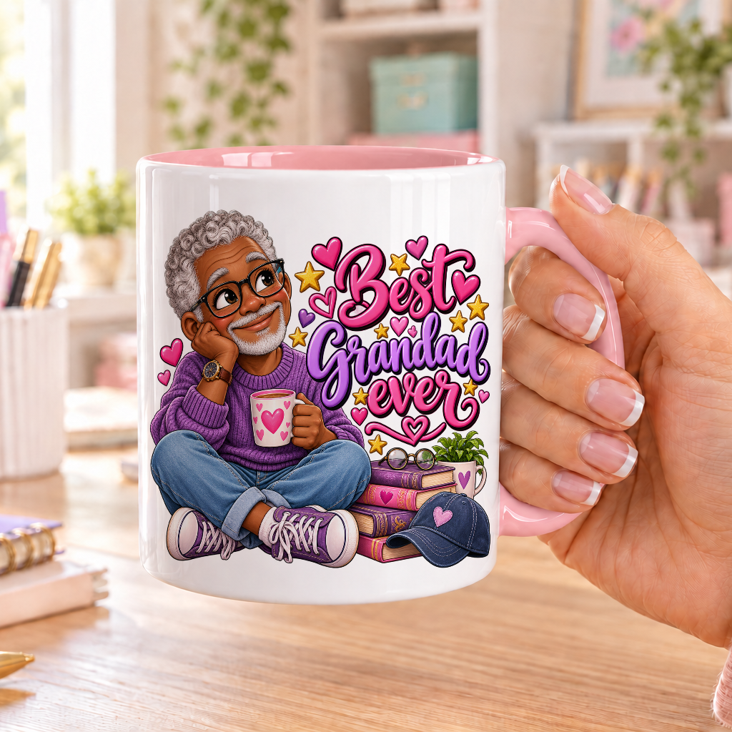 Best Grandad Ever design – white ceramic mug with pink handle and pink inside