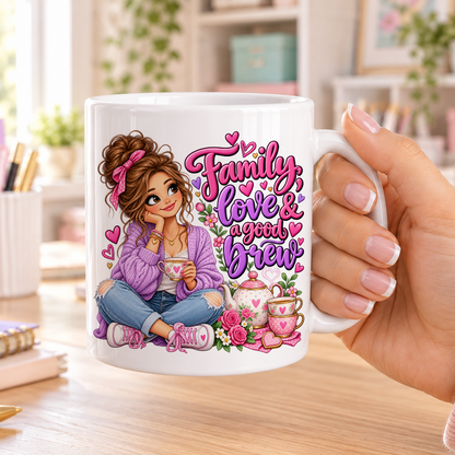 Family Love and a Good Brew design – plain white ceramic mug
