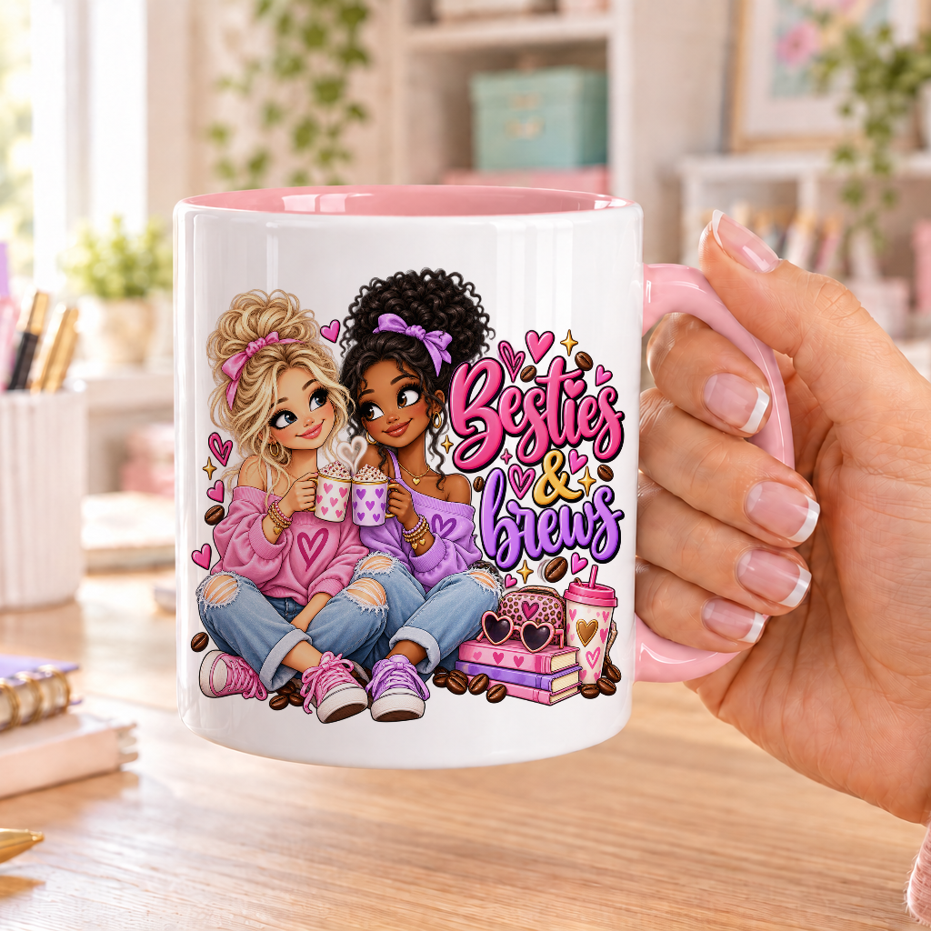 Besties and Brews design – white ceramic mug with pink handle and pink inside