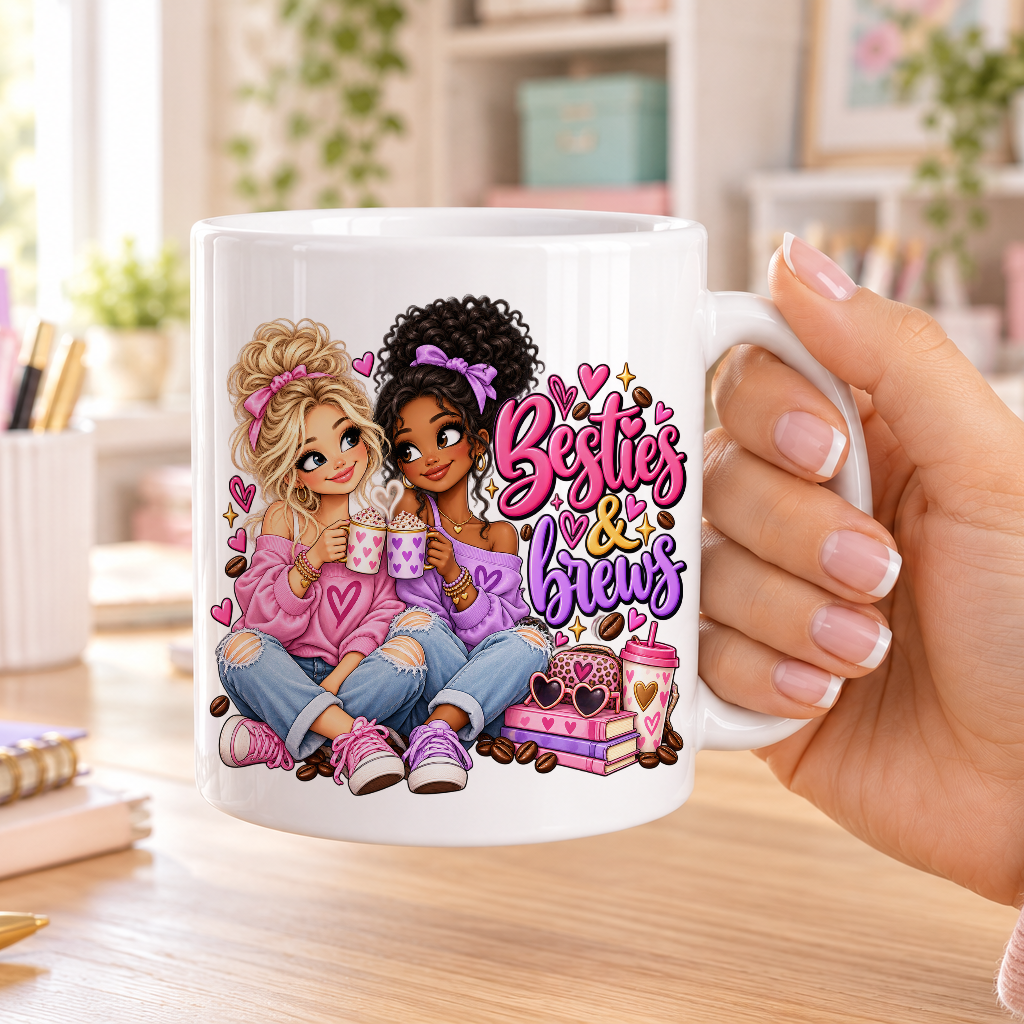 Besties and Brews design – plain white ceramic mug