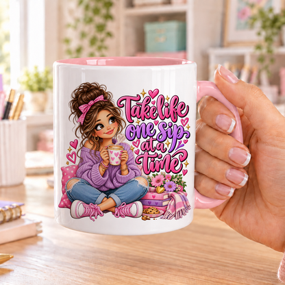 Take Life One Sip at a Time design – white ceramic mug with pink handle and pink inside