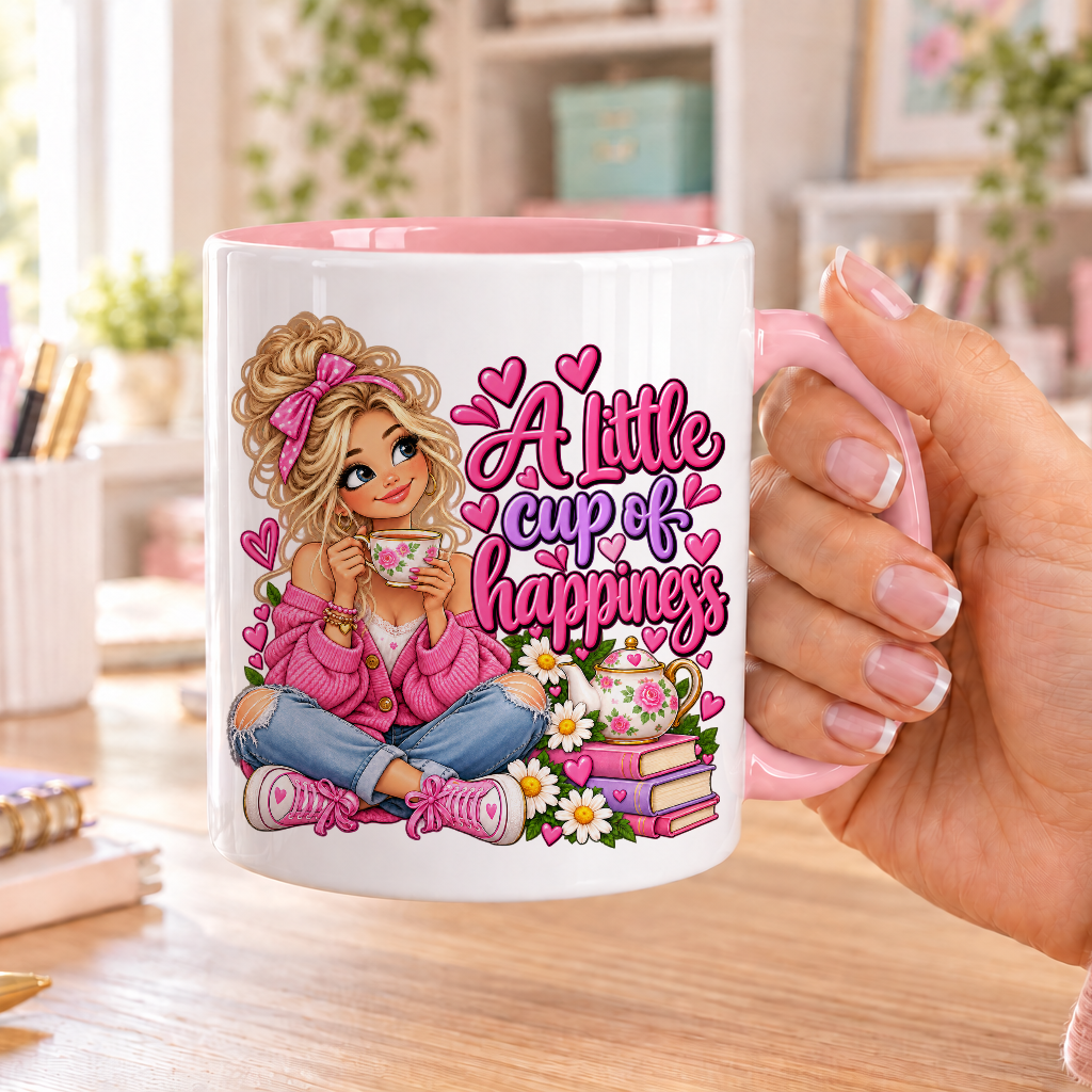 A Little Cup of Happiness design – white ceramic mug with pink handle and pink inside