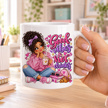 Good Vibes and Hot Drinks design – plain white ceramic mug