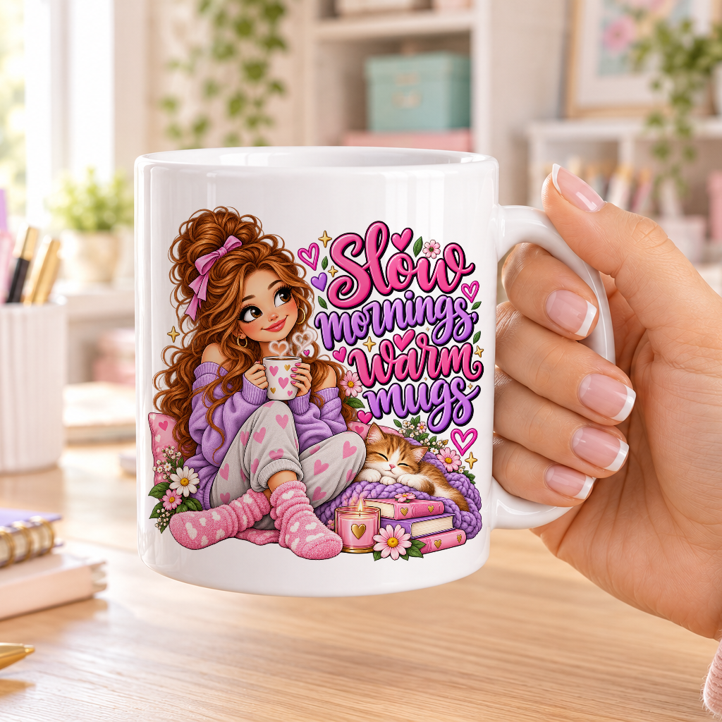 Slow Mornings Warm Mugs design – plain white ceramic mug