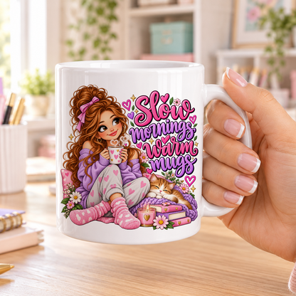 Slow Mornings Warm Mugs design – plain white ceramic mug