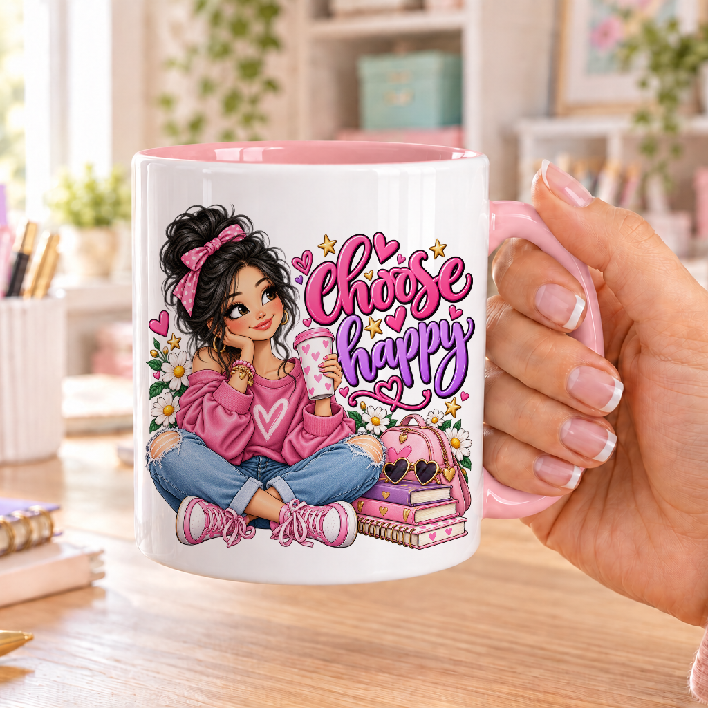 Choose Happy design – white ceramic mug with pink handle and pink inside