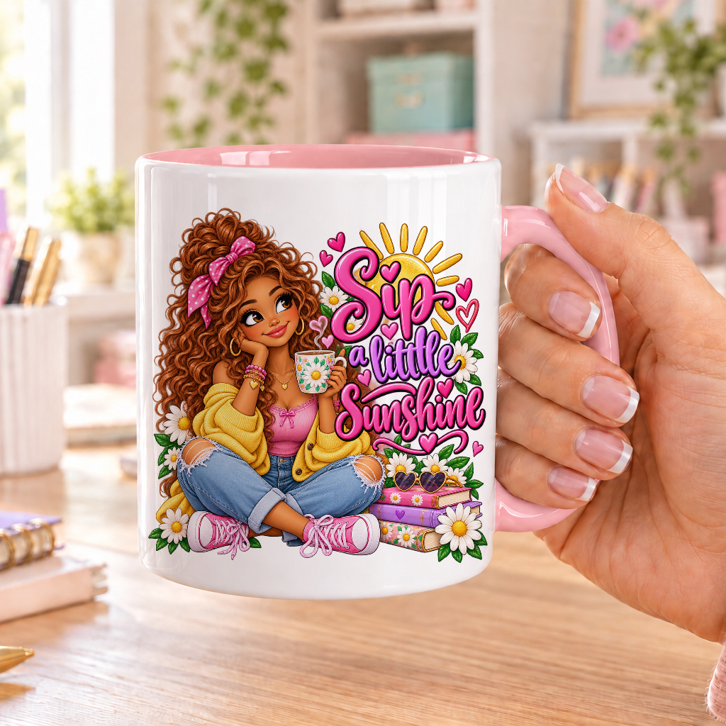 Sip a Little Sunshine design – white ceramic mug with pink handle and pink inside