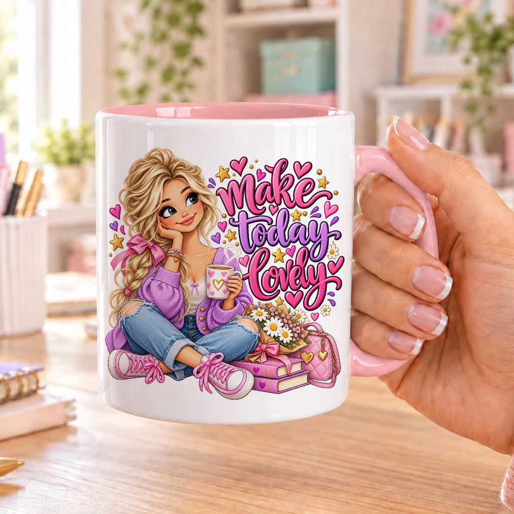Make Today Lovely design – white ceramic mug with pink handle and pink inside