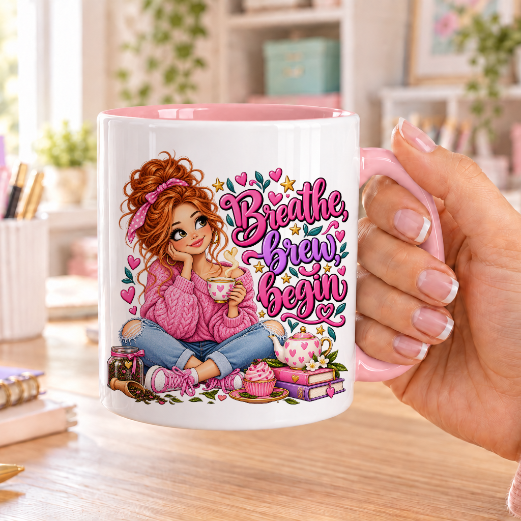 Breathe Brew Begin design – white ceramic mug with pink handle and pink inside